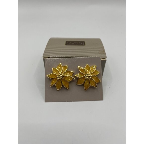 Avon Jewelry - AVON Vintage 1987 Yellow Christmas Poinsettia Gold-Tone Enamel Pierced Earrings